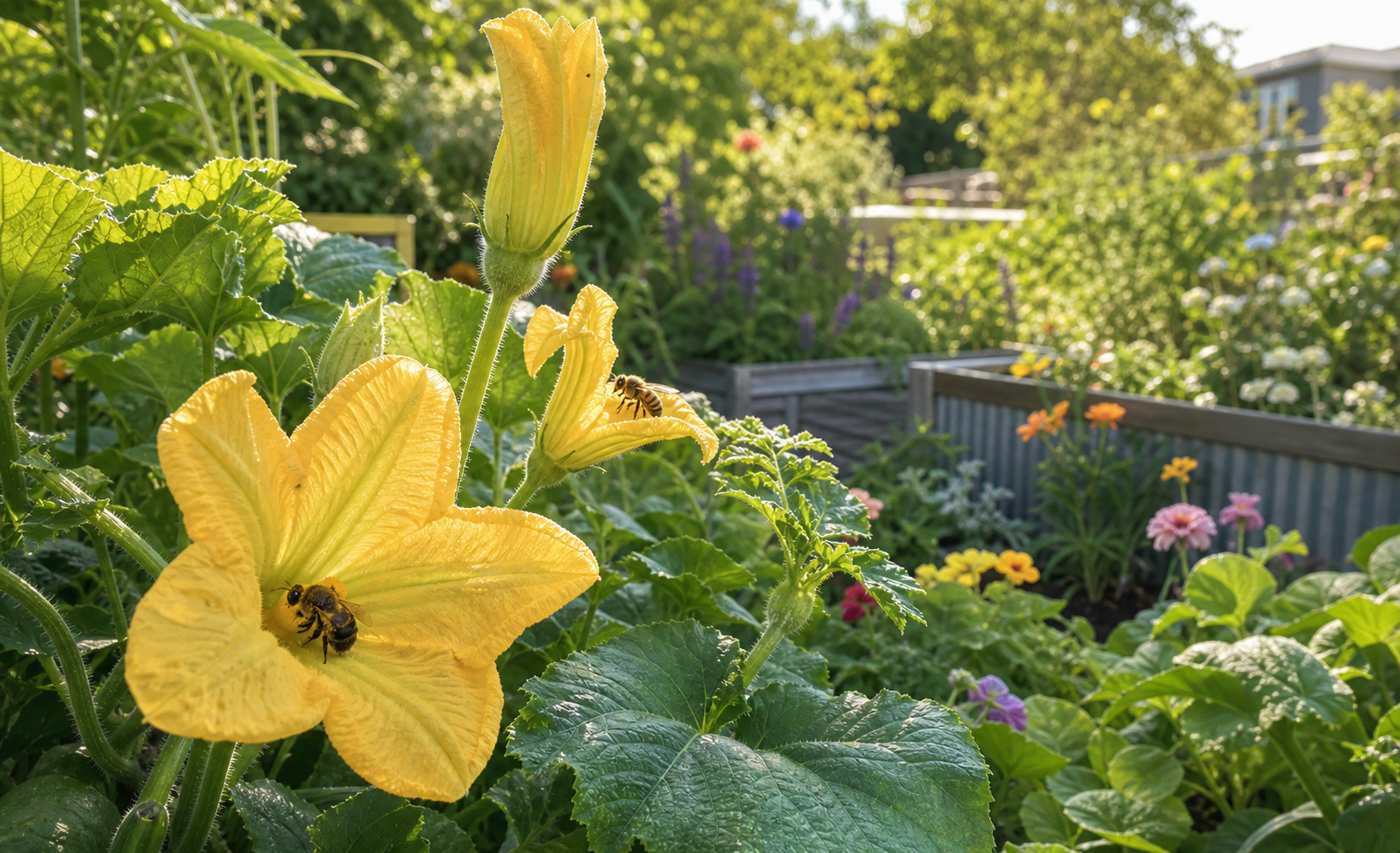 Bees pollinating blossoms in a backyard garden