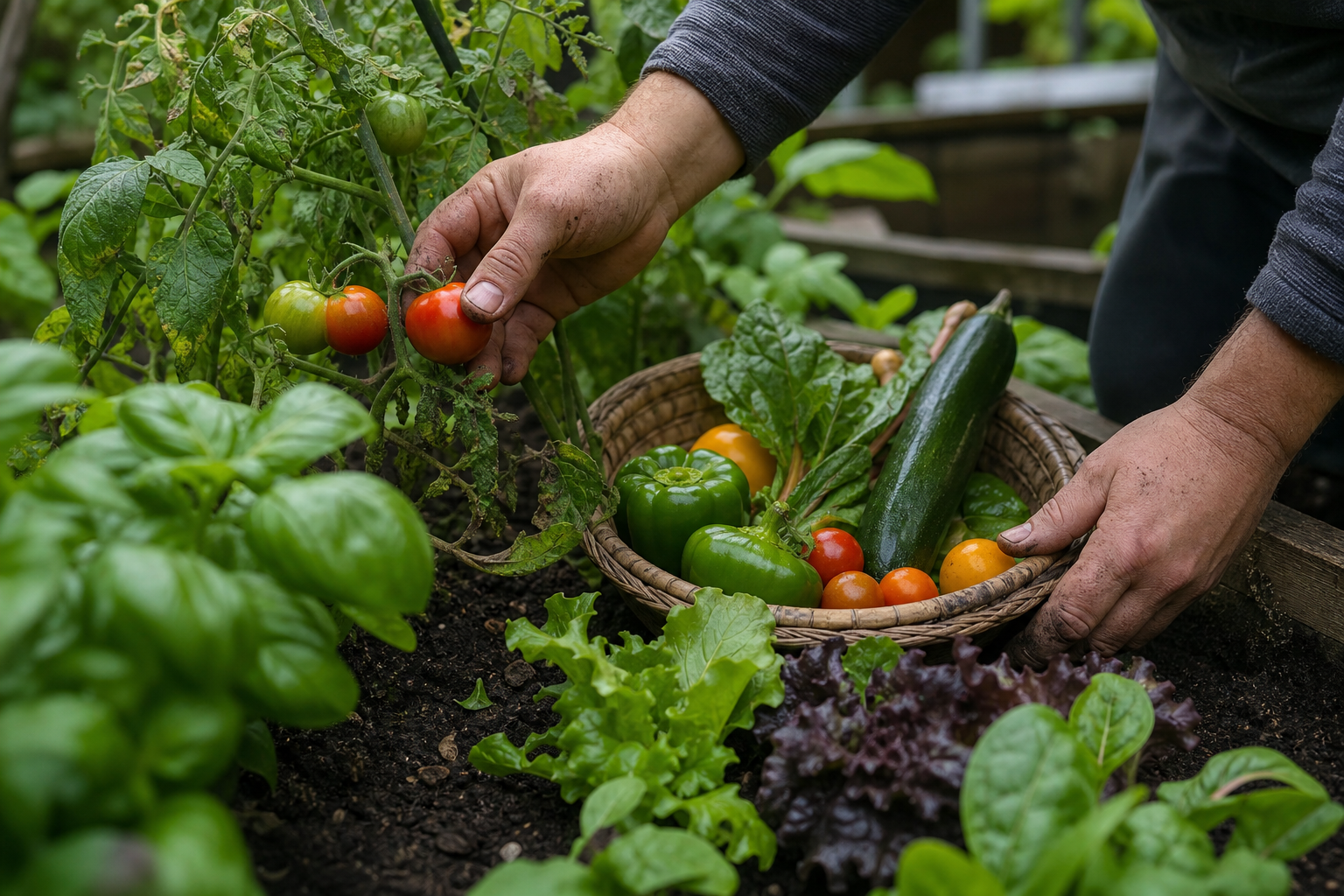 Hands harvesting vegetables from a raised garden bed