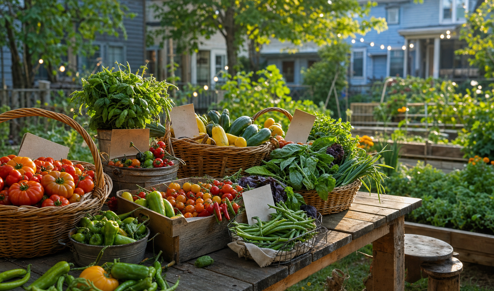Baskets of backyard produce ready to trade