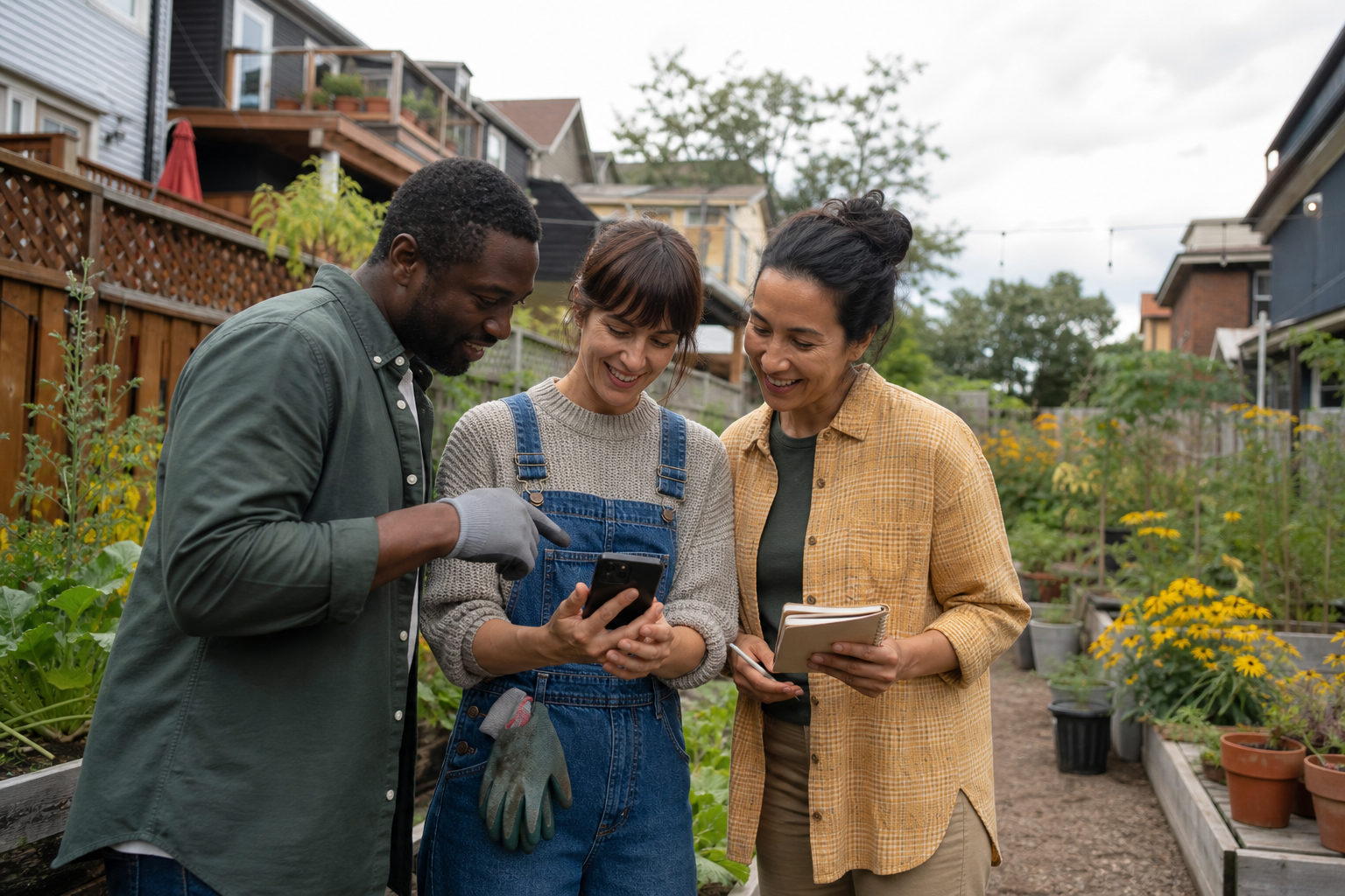 Neighbors using a phone together to coordinate a garden group